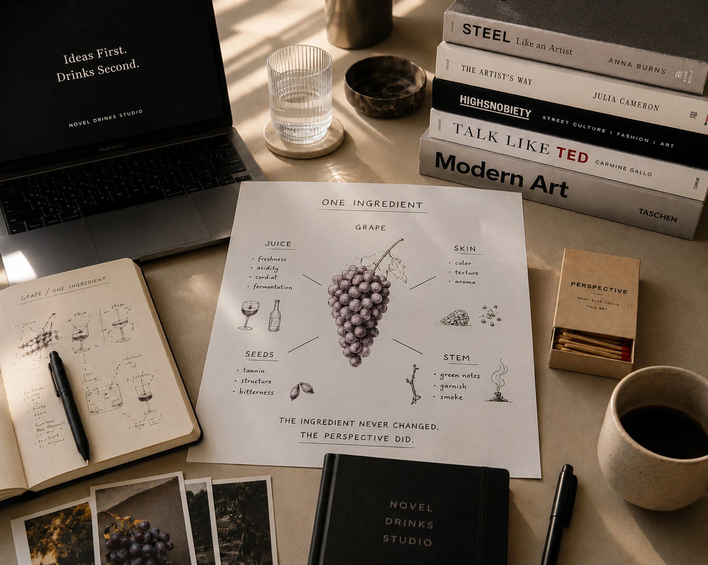 Ingredient study desk with a grape illustration, notebook, laptop, art books, and drawing tools